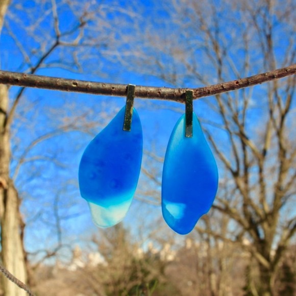 18K Gold Blue Ocean Drop Dangle Teardrop Earrings - Picture 6 of 7